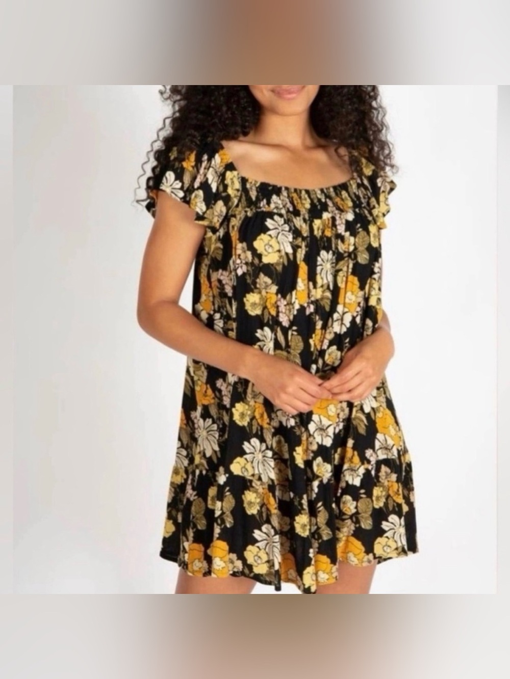 Natural Life Womens Dress Black Yellow Floral Flutter Sleeve Size Large